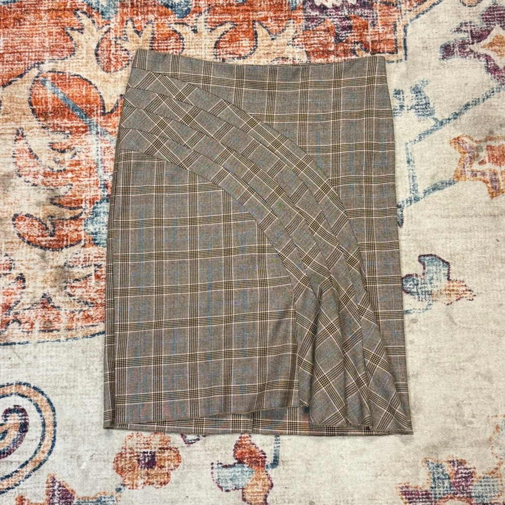 United Colors‎ of Benetton Brown Plaid Ruffle Pencil Skirt Size 40 US 4/6